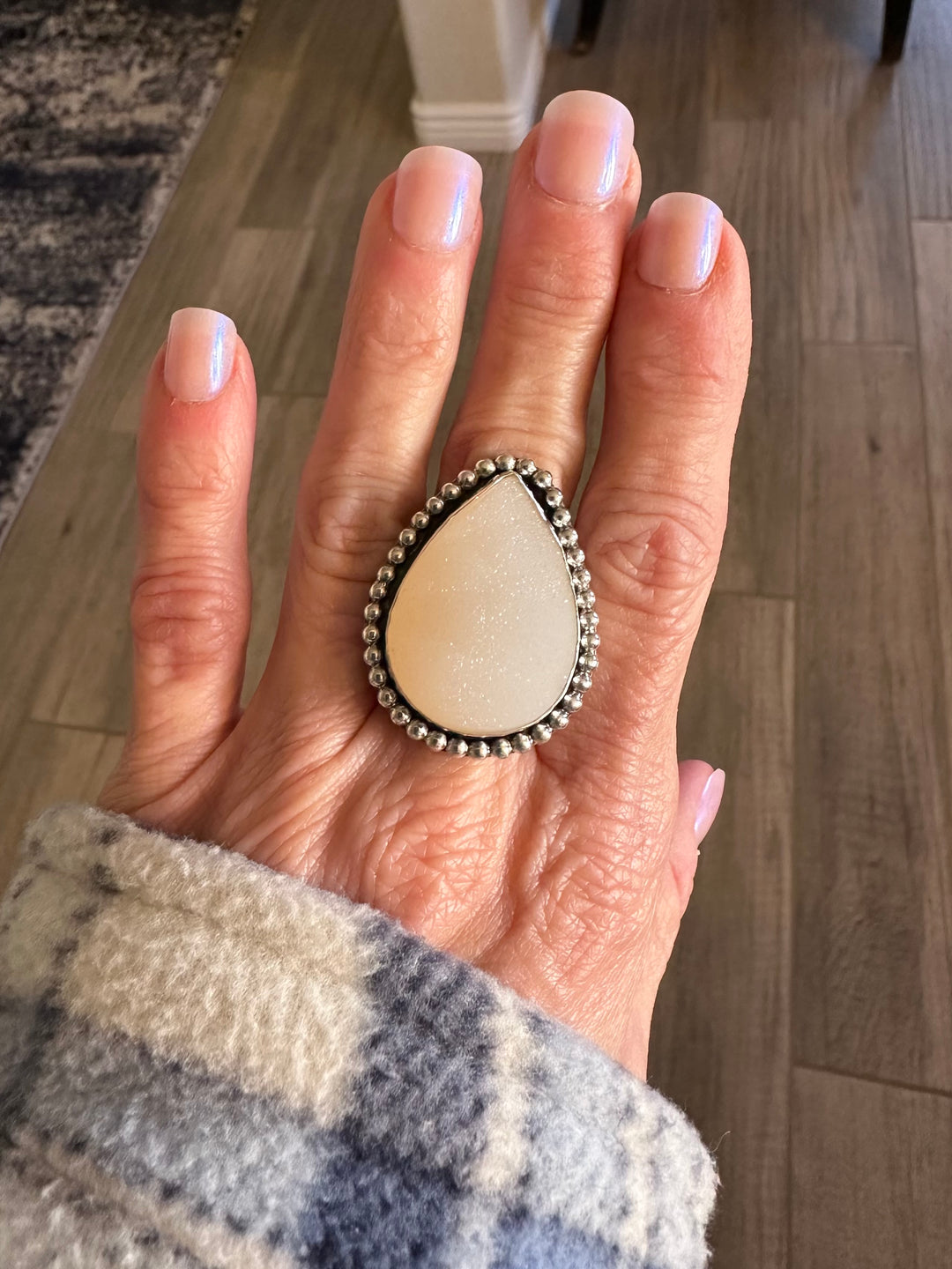 White Drusy Agate Teardrop Statement Ring - Size 6