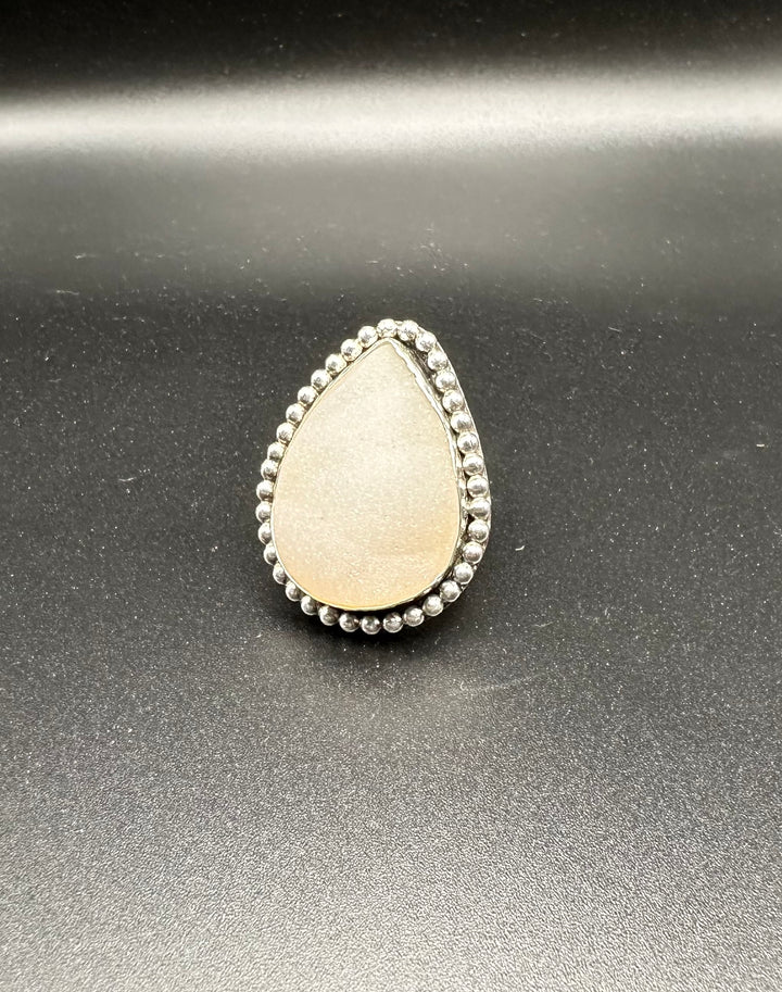 White Drusy Agate Teardrop Statement Ring - Size 6