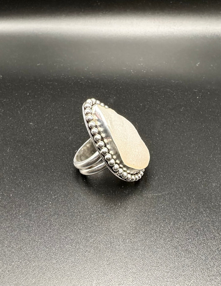 White Drusy Agate Teardrop Statement Ring - Size 6