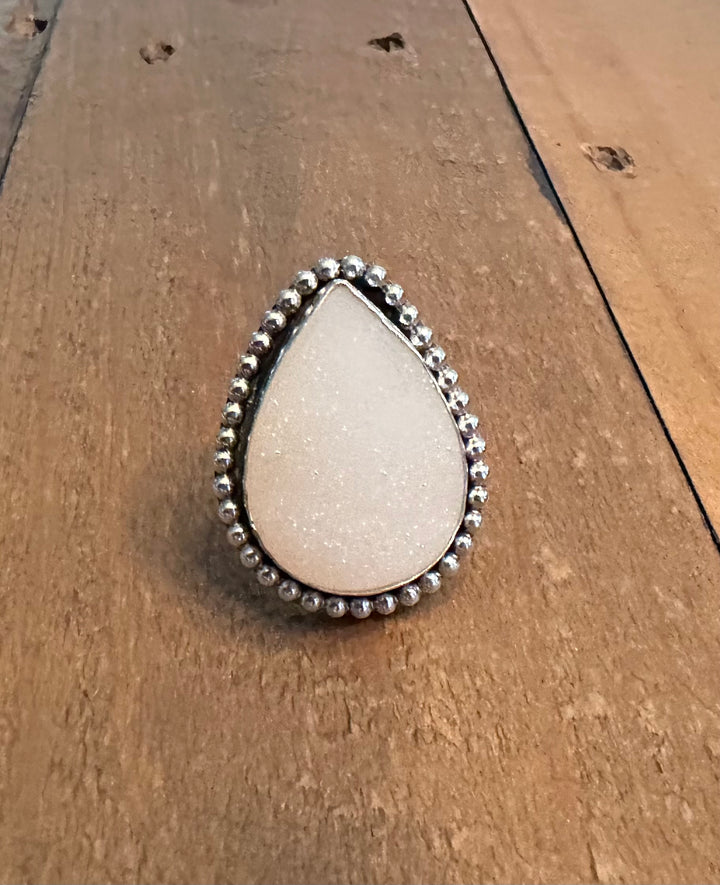 White Drusy Agate Teardrop Statement Ring - Size 6