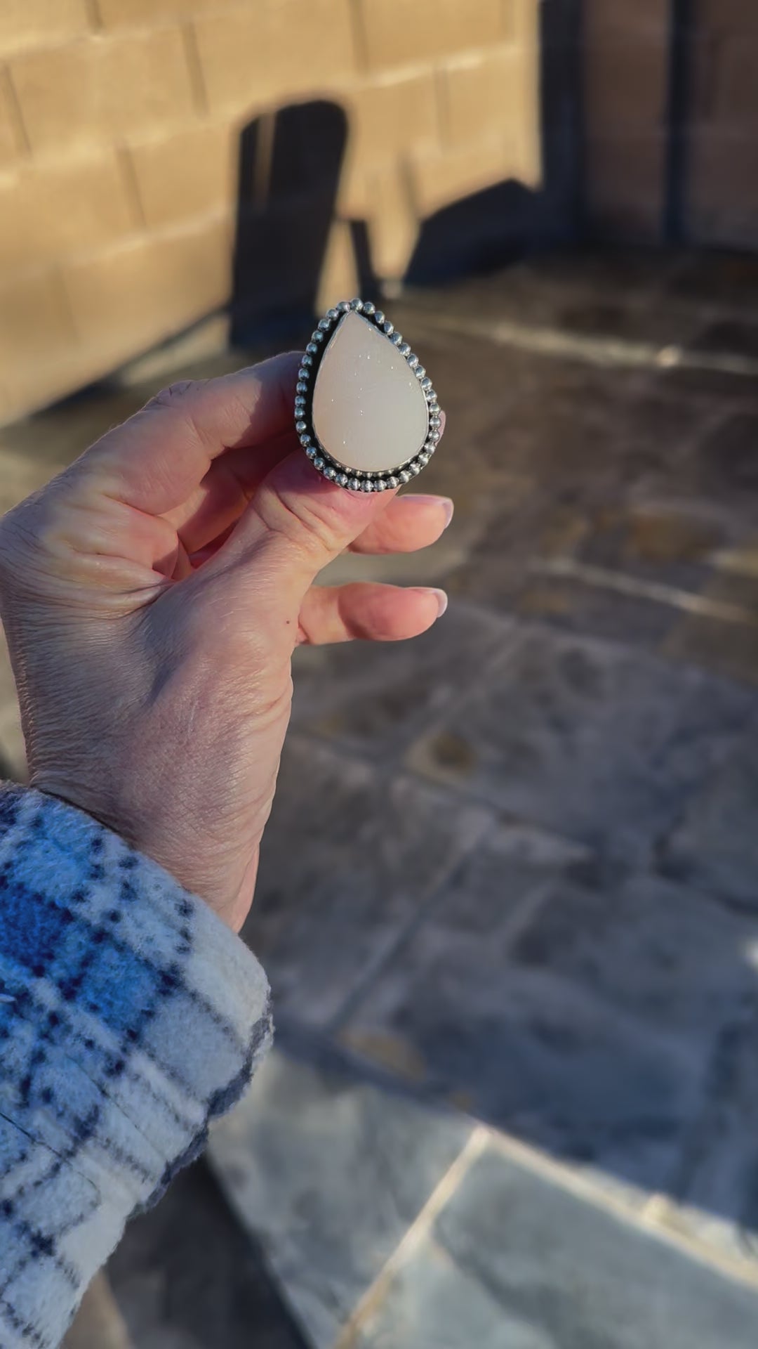 White Drusy Agate Teardrop Statement Ring - Size 6